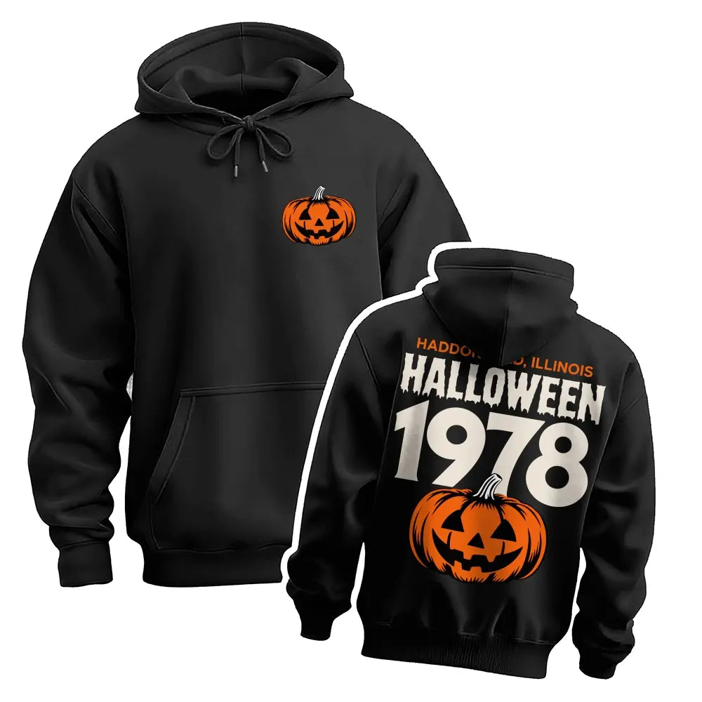 Unisex Vintage Halloween Pumpkin Graphic Hoodie, 1978 Spooky Front and Back Print Pullover Sweatshirt, Casual Oversized Long Sleeve Streetwear Hoodie for Halloween Party, Fall and Daily Wear